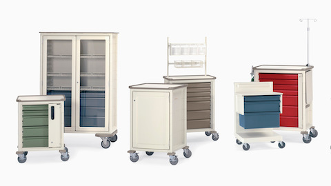 A collection of healthcare carts in various configurations and colors. Select to go to the clinical carts product page.
