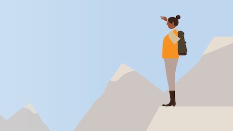 Een illustratie van een vrouw die zich in een bergketen bevindt. Selecteer om naar een overzicht van Living Office te gaan.