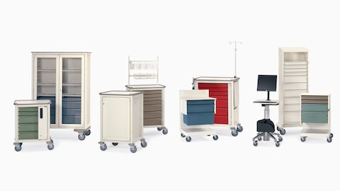 Various configurations of healthcare carts for organizing and transporting medical supplies and technology. 