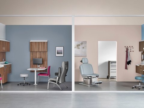 Two exam rooms featuring wall-hung storage components from the Compass System. 