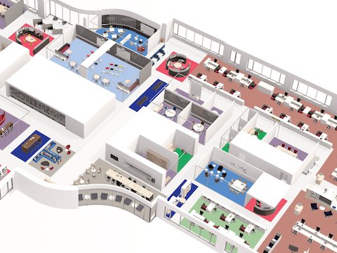 Illustration of a spatially diverse Living Office floorplan with a variety of settings.