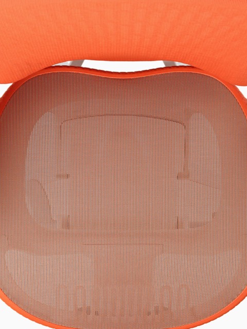 An overhead view of a Mirra 2 ergonomic desk chair with orange mesh, white frame, and light gray armpads.