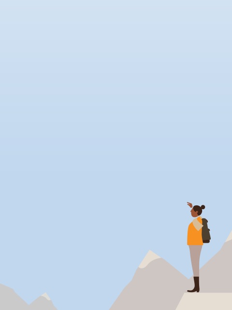 An animated depiction of a woman standing amid a mountain range.