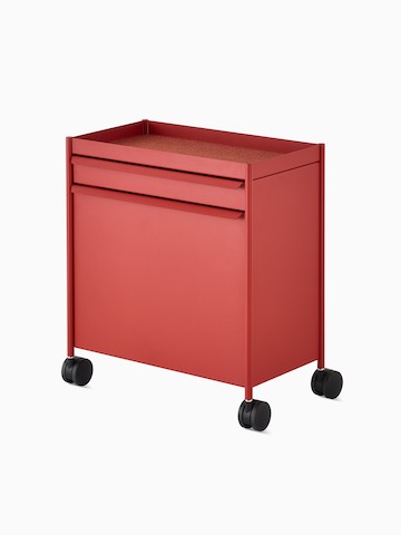 Red OE1 Storage Trolley with casters, viewed from an angle.