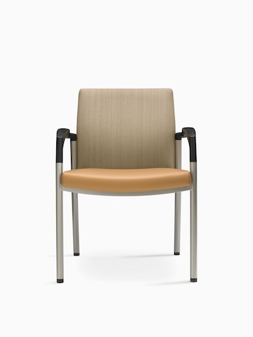 A Valor Stack Chair with a burnt-orange seat, beige back, and black arms.