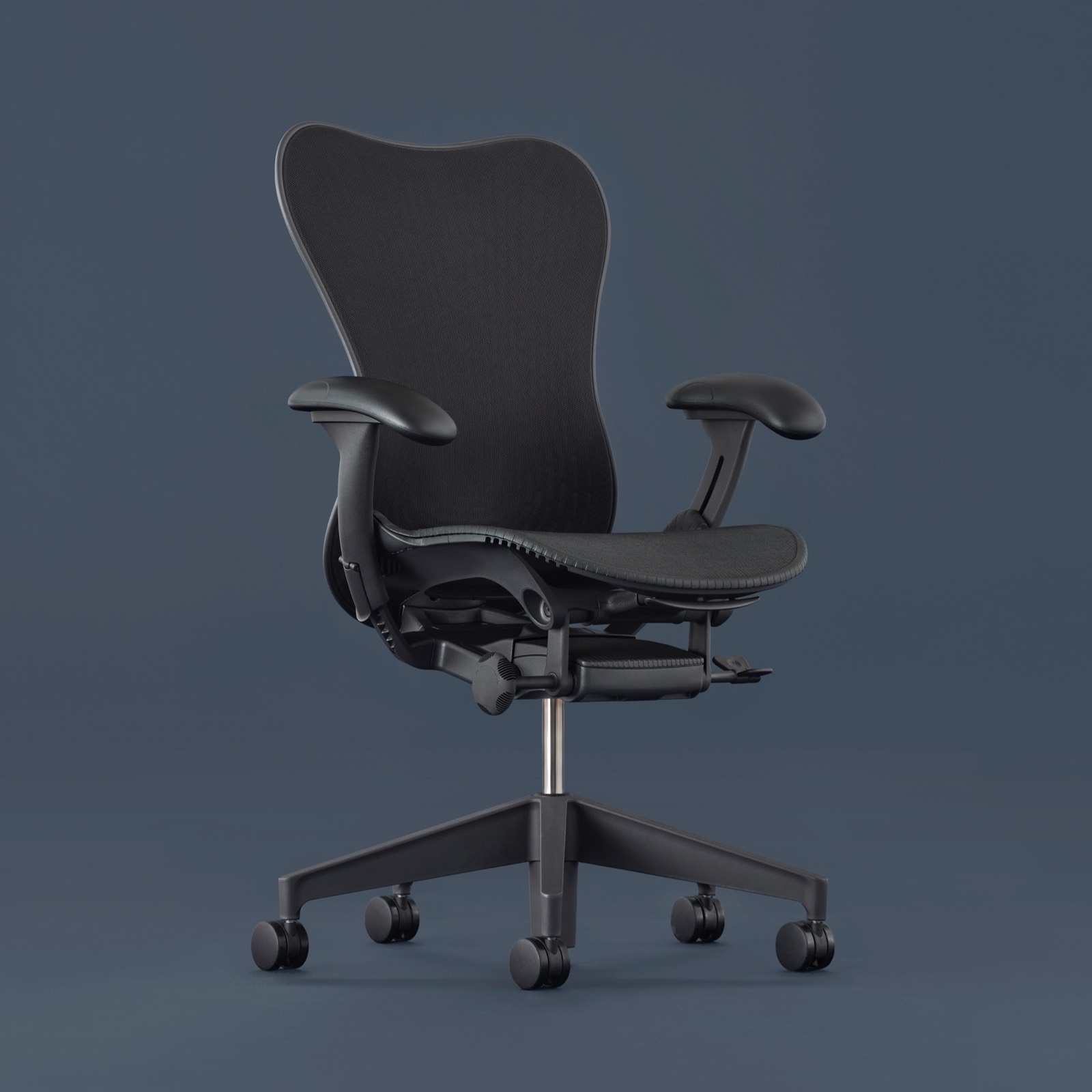 A full view of the Mirra 2 Chair swiveled 45 degrees to the right.