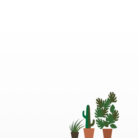 An illustration of an Eames Walnut Stool amid five planters containing foliage.